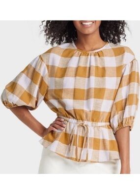 Who What Wear Mustard and White Gingham Drawstring Peplum Top